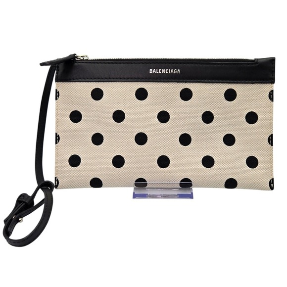 Balenciaga Navy Pouch Canvas Polka Dot Leather Trim Wristlet Clutch Black White - Picture 8 of 8